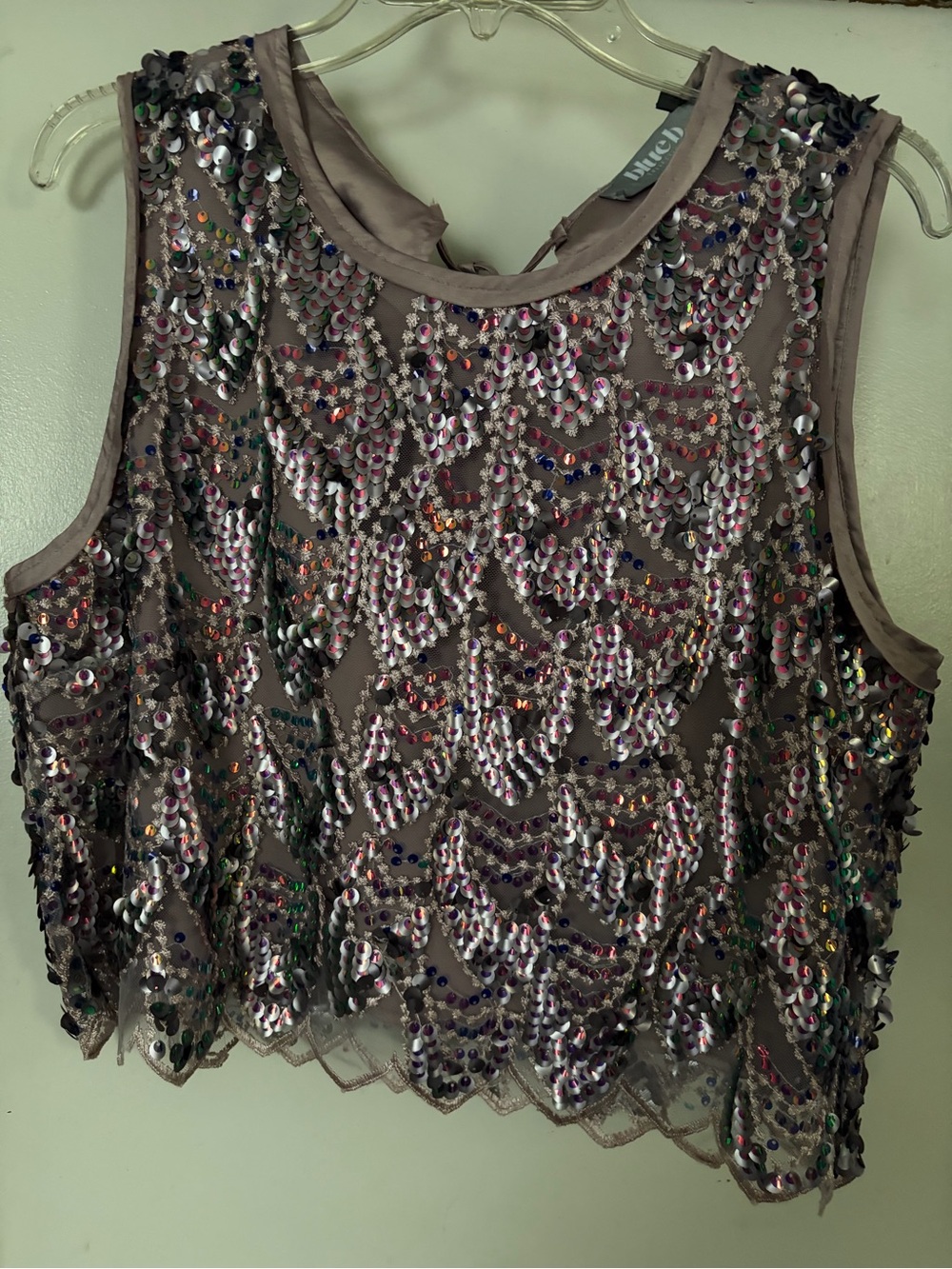 Embellished Taupe Sequin Sleeveless Tank Top